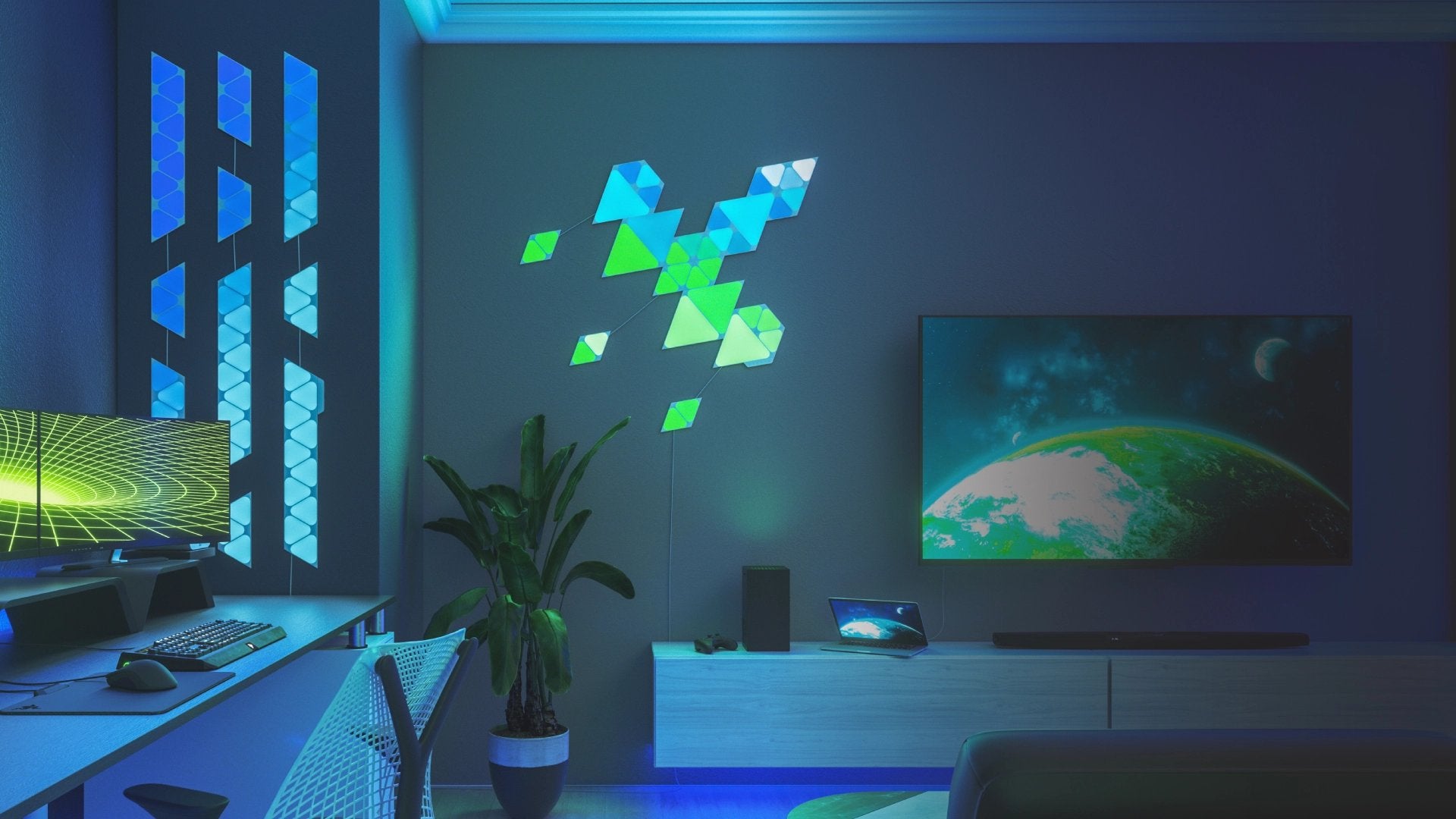 Living room with home office which has Nanoleaf lighting on the walls in blue and green giving the room a nice colour and luxury effect