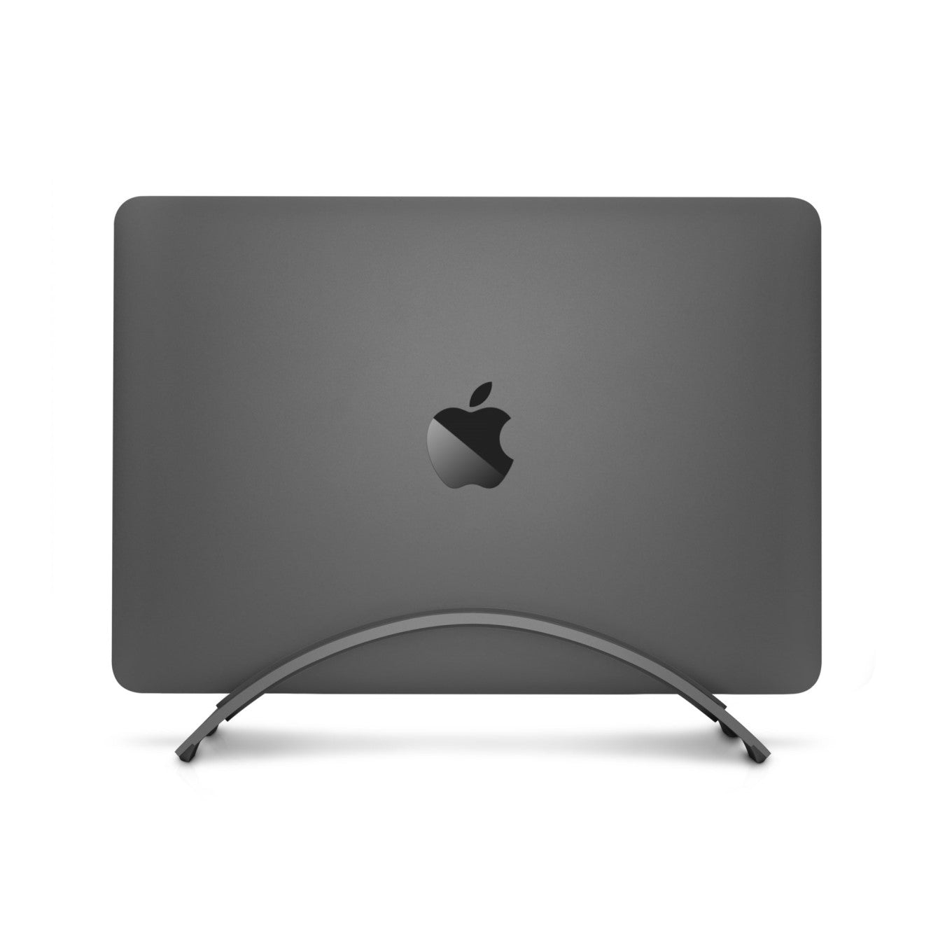 Side view of the Twelve South BookArc MacBook Stand in space grey hold a MacBook upright