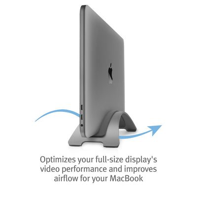Side view of the Twelve South BookArc MacBook Stand in space grey hold a MacBook upright showing how the air flows underneath to keep MacBook cool