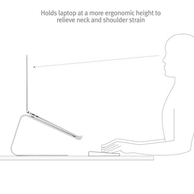 Side view of the Twelve South Curve Stand for MacBook showing how it raises the laptop to eye level to reduce strain on neck and shoulders